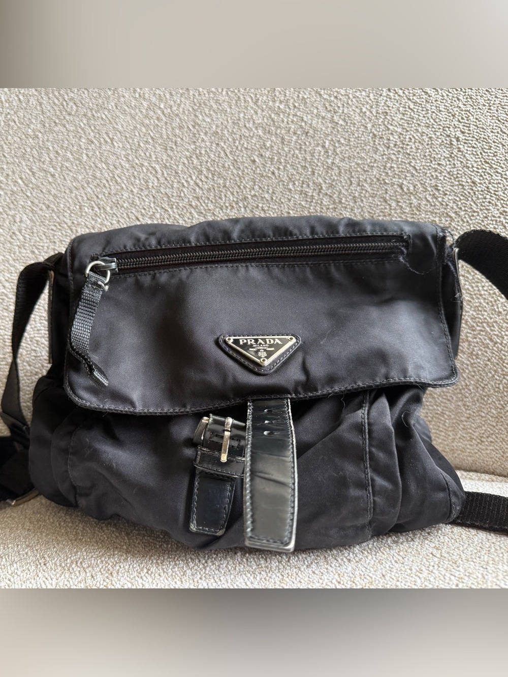 Prada Black Nylon Messenger Bag with Patent Leather Strap Accents